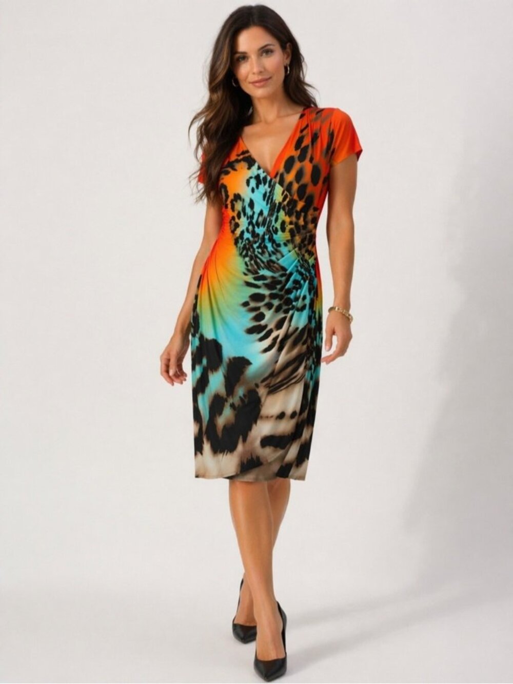 Frank Lyman Design Dress Size 10 Animal Print Ruched Faux Wrap Knee Length Midi